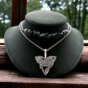 Cat onyx necklace . Double layer necklace onyx bead & celtic knot cat fox charm